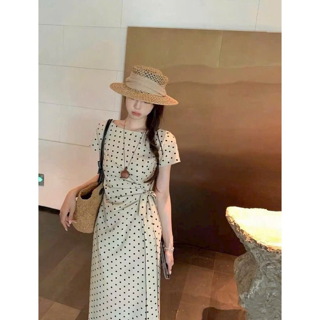 Đầm linen chấm bi thắt nơ eo ngắn tay dáng dài vừa tôn dáng dễ mặc HT820, kèm hình thật sp