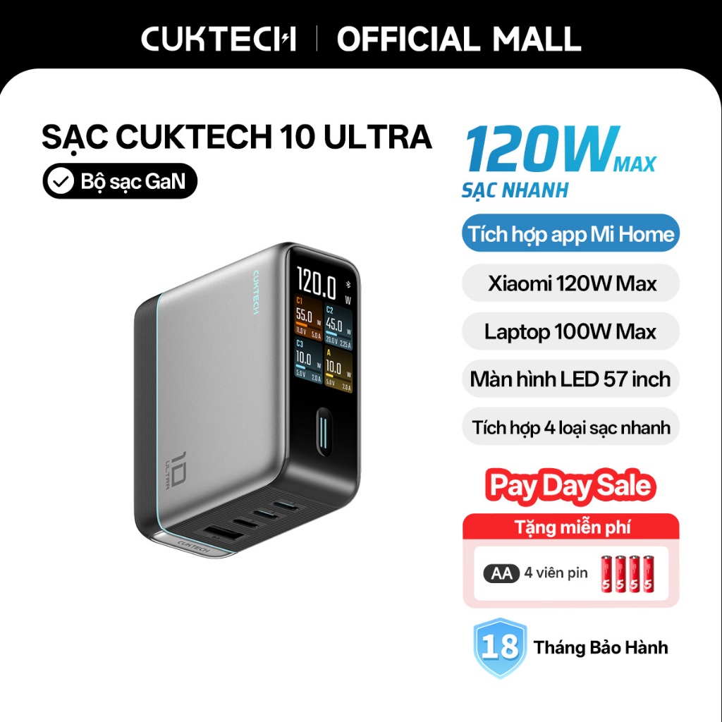 Củ Sạc Nhanh CUKTECH GaN 120W 4 Cổng Điều Khiển App Mi Home Cho Laptop/MacBook/iP 17/16/15 Pro Max/X