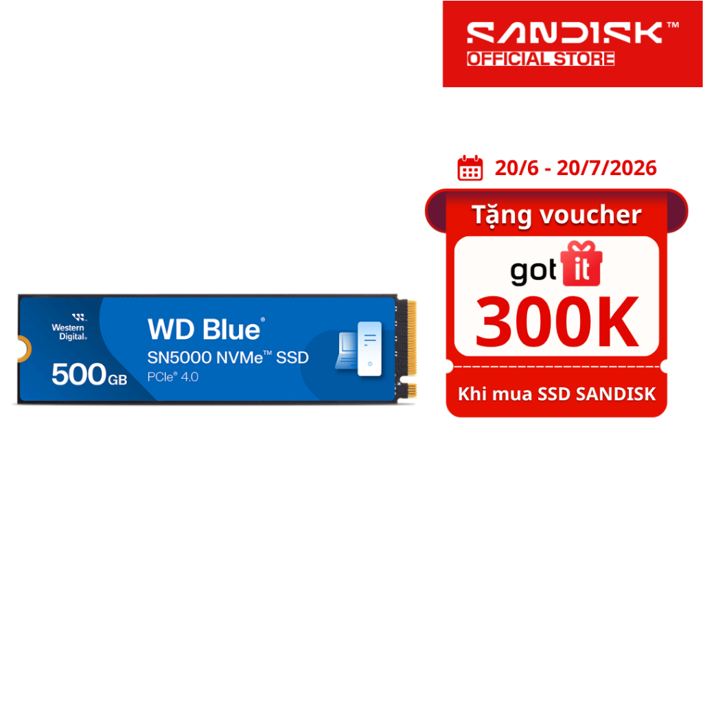 SSD gắn trong WD 500GB Blue SN5000 PCle Gen4x 4 NVMe M.2 2280 - Bảo Hành 5 năm