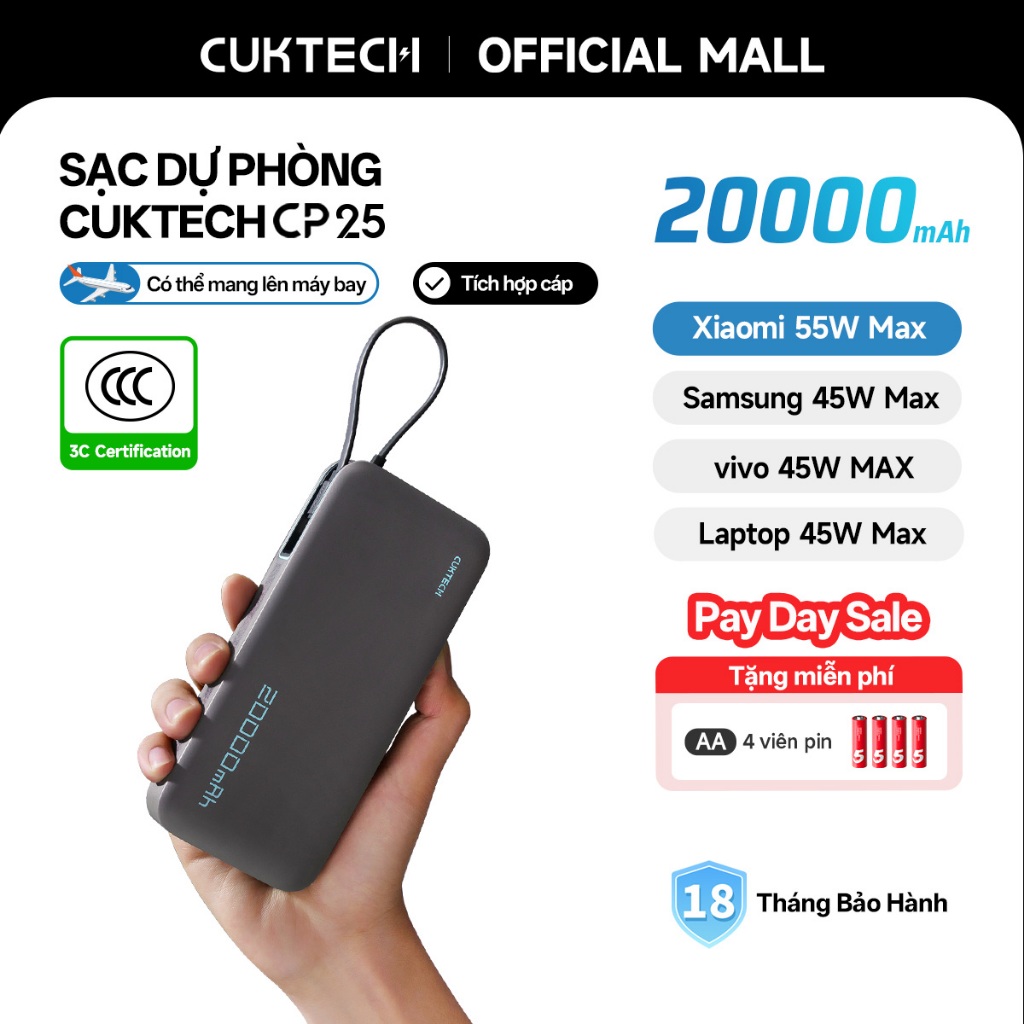 【Được chứng nhận CCC】CUKTECH Sạc Nhanh 55W 20000mAh – Tích Hợp Dây, Hỗ Trợ Xiaomi 55W Samsung 45W Laptop 45W iP 16/15/14