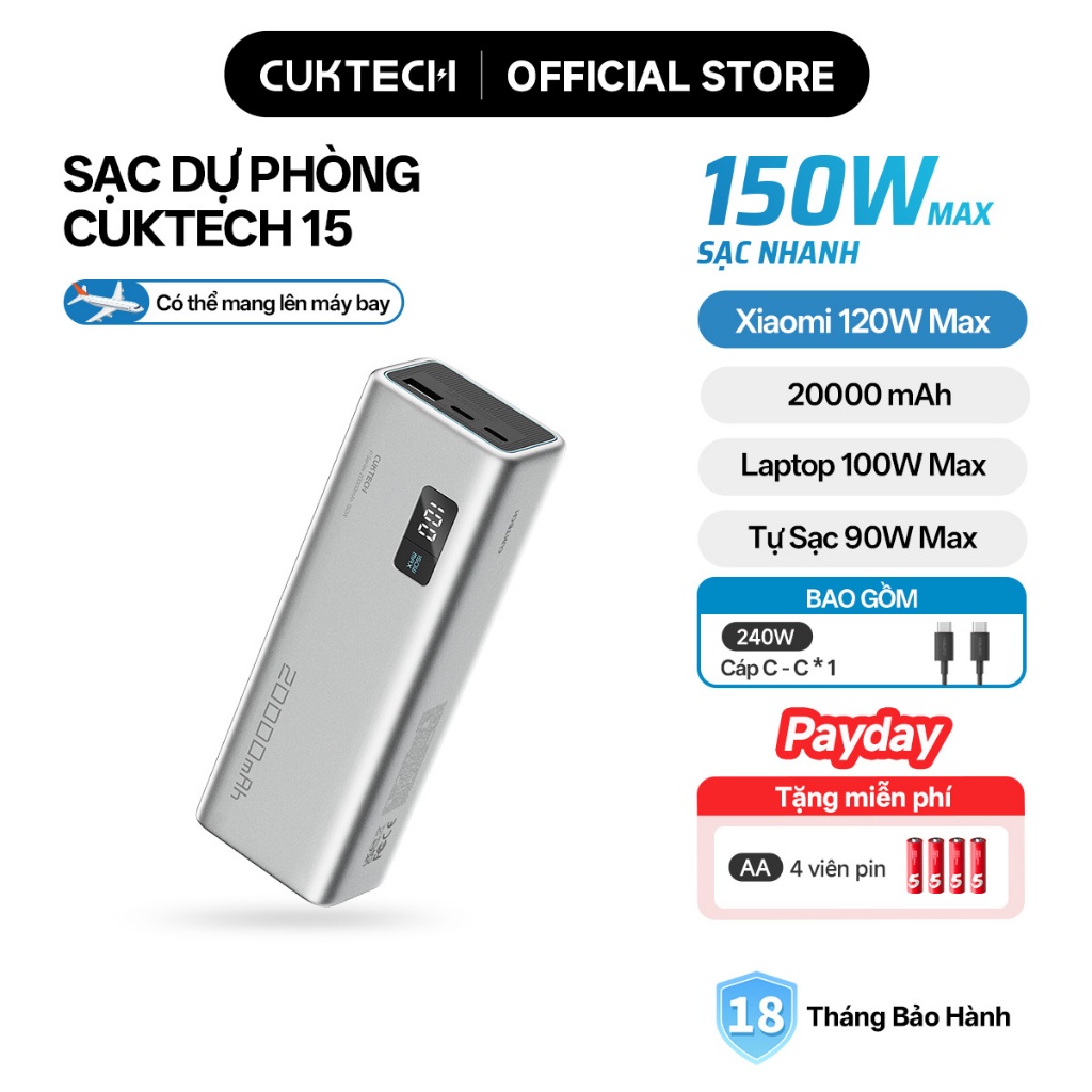 【Được chứng nhận CCC】CUKTECH Sạc Nhanh 150W 20000mAh – Hỗ Trợ Xiaomi 120W Laptop 100W Samsung 45W iP 16/15/14