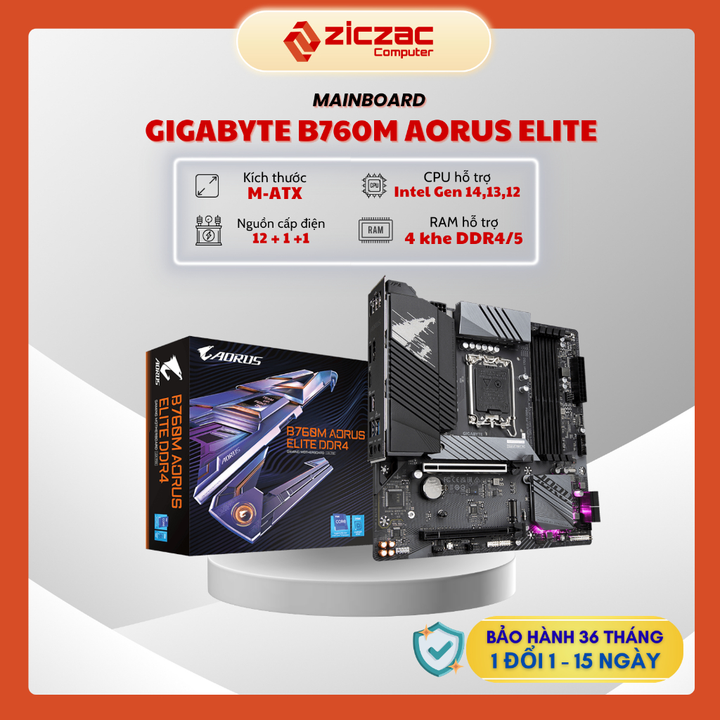 Mainboard Gigabyte B760M Aorus Elite DDR4/DDR5 (Bản AX có Wifi + Bluetooth) - BH 36th chính hãng
