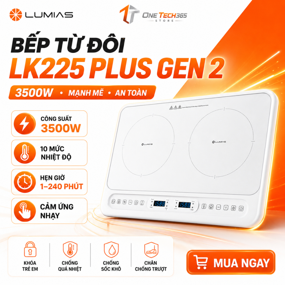 Bếp Từ Đôi Lumias LK225 Plus+ Công Suất 3500W, Mặt Kính Ceramic, Cảm Ứng LED, Bảo Hành 24 Tháng