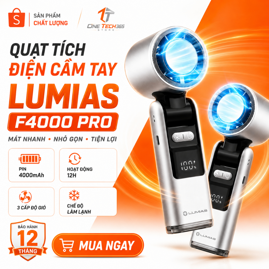 Quạt Cầm Tay Lumias F4000 Pro, Quạt Tích Điện Mini 4000Mah Chế Độ Làm Lạnh Nhanh Bảo Hành 12 Tháng