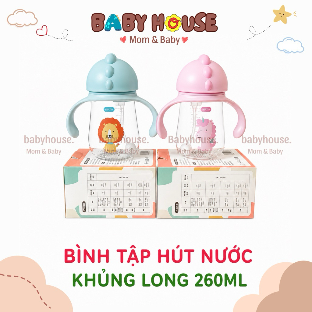 Bình Tập Hút Nước Khủng Long Baby House 260ml - Nhựa Tritan Cao Cấp, Không BPA, Ống Hút Silicone Mềm Mại Cho Bé