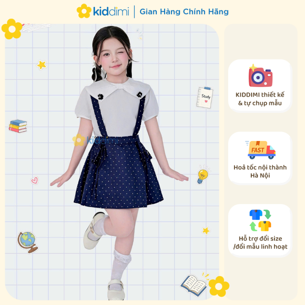 (Chính hãng Kiddimi) Set váy yếm (áo + yếm) đi học xinh, đáng yêu cho bé gái - LUMI SET