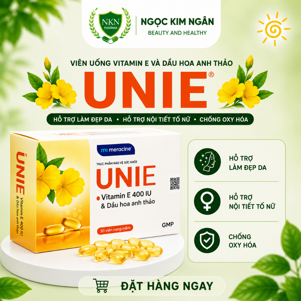UniE Vàng – Viên uống Vitamin E 400 IU & Dầu hoa anh thảo hỗ trợ làm đẹp da, chống oxy hóa - Hộp 30 