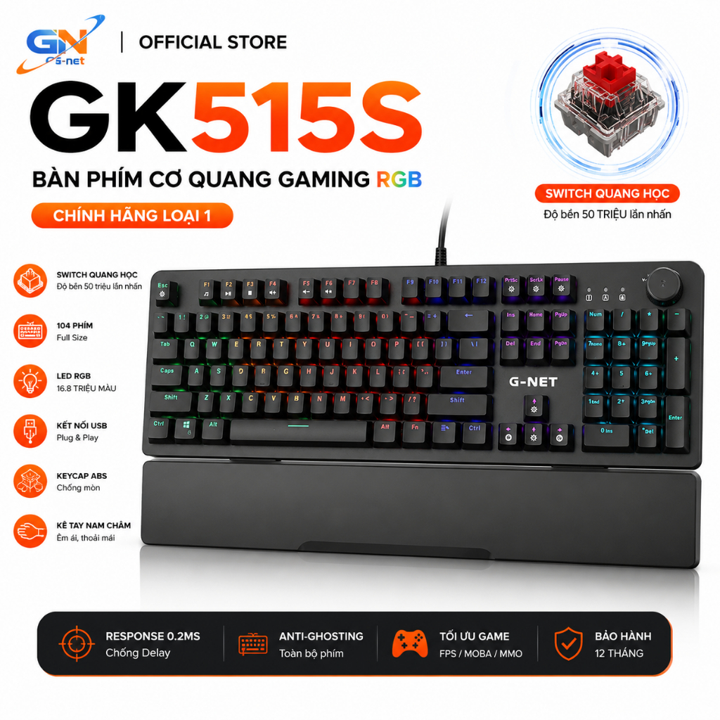 Thanh lý bàn phím cơ quang G-Net GK315S RGB chính hãng, switch quang, LED RGB, kê tay rời, bảo hành 