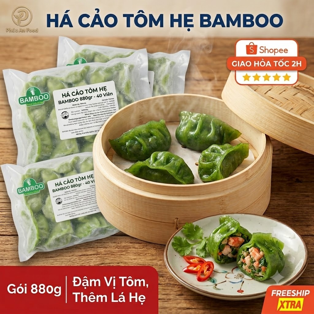 Há Cảo Tôm Hẹ Bamboo Gói 880g 40 viên- Nhân Tôm lá hẹ, Không Chất Bảo Quản, Giao Hỏa Tốc, màu xanh ngọc bích HIFOOD