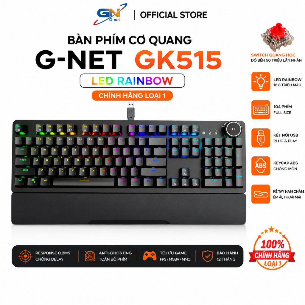 Thanh lý bàn phím cơ quang G-Net GK515 Led Rainbow chính hãng loại 1, 104 phím, chống nước, núm điều
