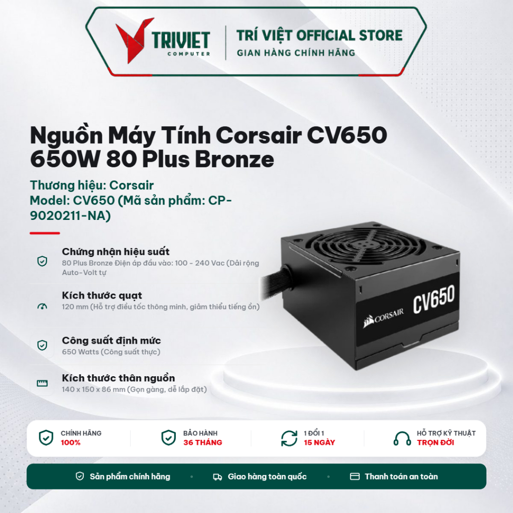Nguồn Máy Tính Corsair CV650 650W 80 Plus Bronze (CP-9020211-NA) - Active PFC - Quạt 120mm Êm Ái