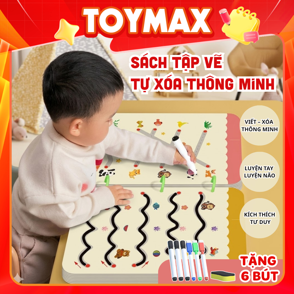 Combo Tập Tô Vẽ Thông Minh Xóa Được 64 Trang Học Liệu Montessori Tặng 6 Bút cho bé tiểu học 2 3 4 5 tuổi Toy Max