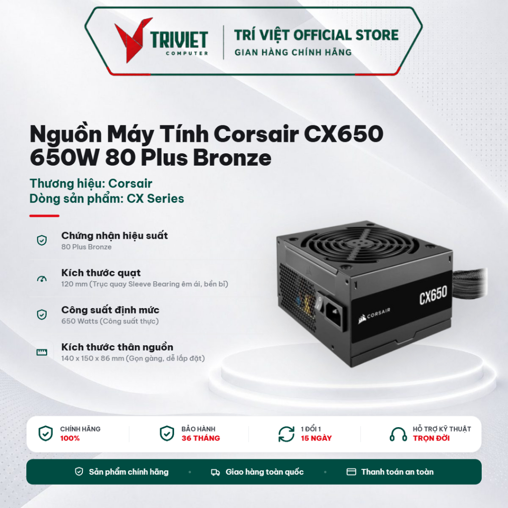 Nguồn Máy Tính Corsair CX650 650W 80 Plus Bronze CP-9020278-NA - Quạt 120mm Siêu Êm - Active PFC