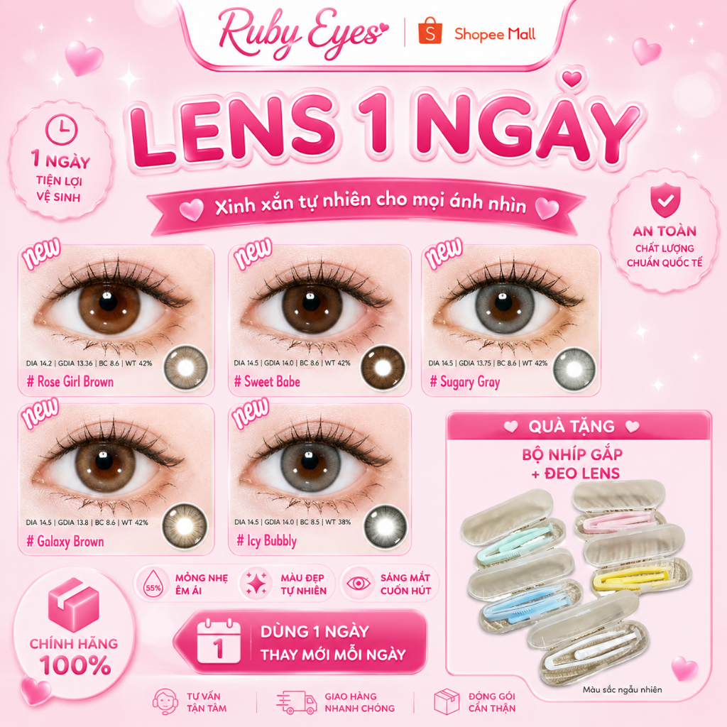 [LENS 1 NGÀY] Tổng Hợp Lens 1 Ngày Hot Xám - Nâu Sử Dụng 1 Lần Tặng Dụng Cụ Đeo