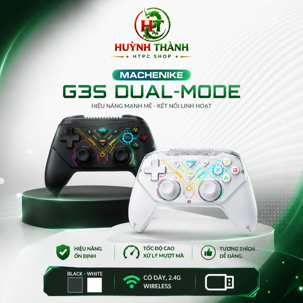Tay Cầm Machenike G3S Dual Mode Black White | Có Dây + Wireless 2.4G BH 12 tháng