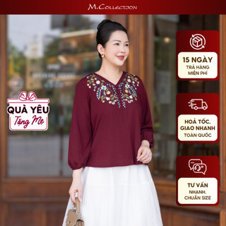 M COLLECTION | Áo Kiểu Nữ Trung Niên Tặng Mẹ, Bà Vải Linen Thêu Hoa Cổ Chữ V Tay Dài A13685