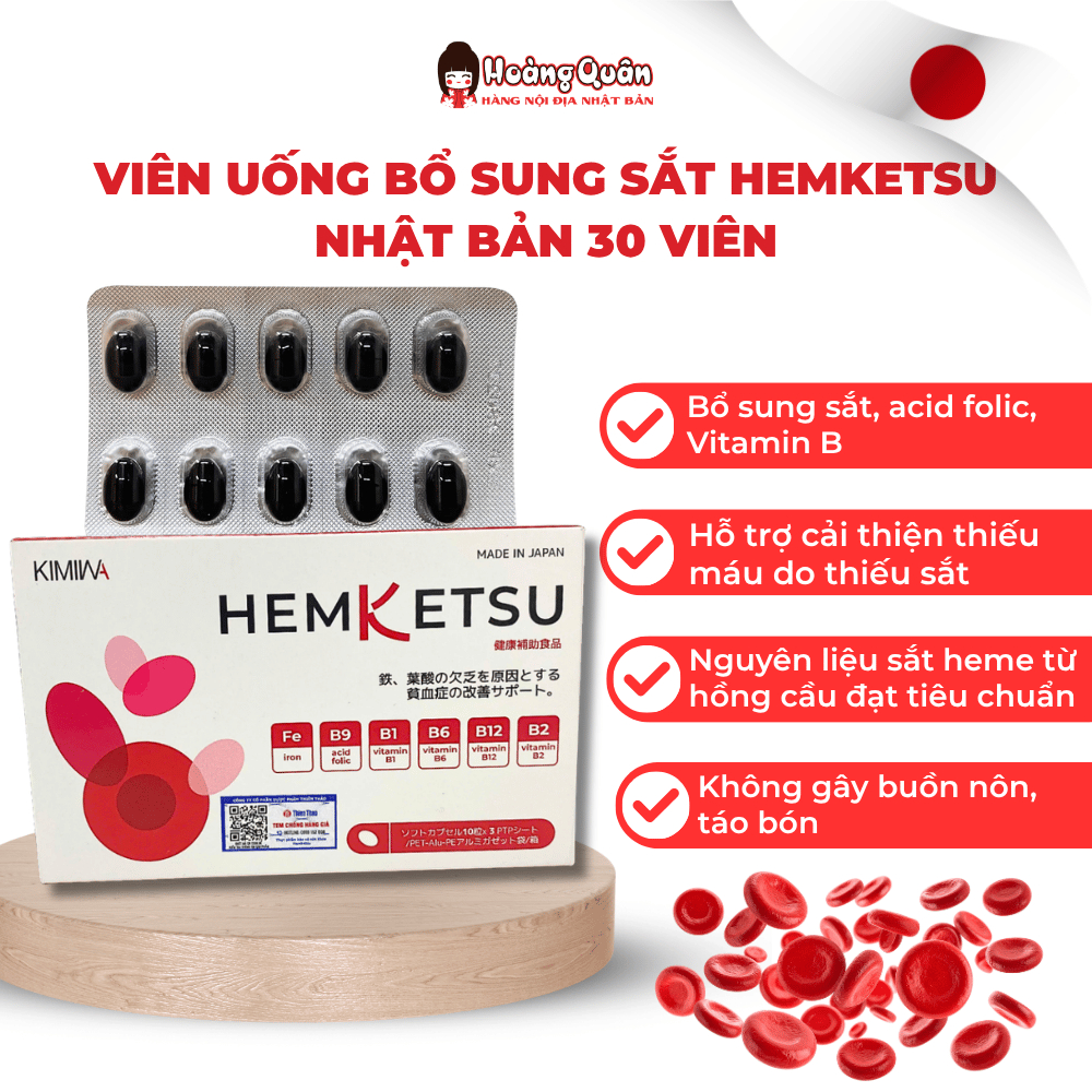 Viên Uống Bổ Sung Sắt Hemketsu Nhật Bản Hộp 30 viên – Hỗ Trợ Bổ Sung Sắt, Acid Folic & Vitamin Nhóm 