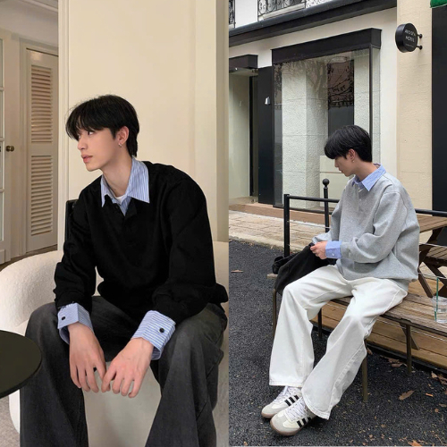 Áo Sweater Phối Sơ Mi Kẻ Liền Thân ZONEF, Chất Nỉ Bông Dày Dặn Nam Nữ Phong Cách Trẻ Thanh Lịch