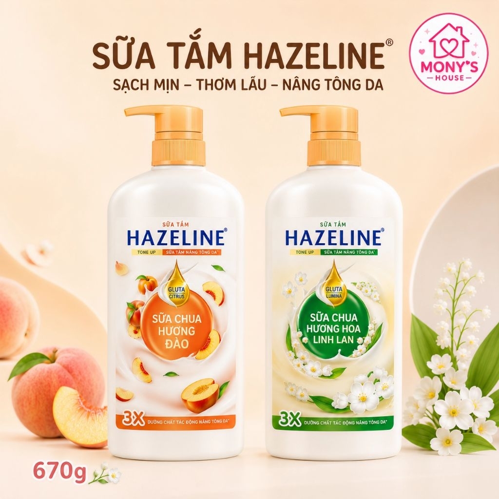 Sữa tắm Hazeline Sữa Chua Hương Đào, Hoa Linh Lan 670g