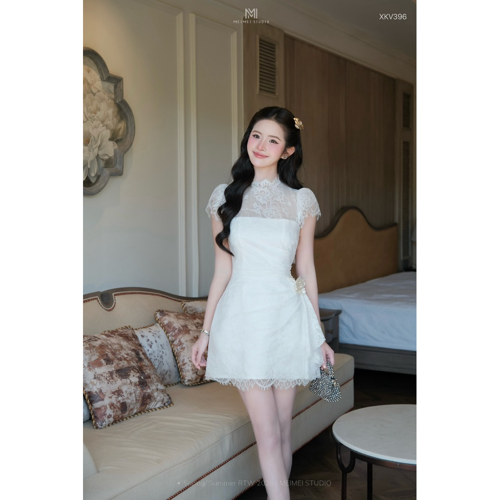 MEIMEI STUDIO Váy Ren Trắng Cổ Ren Eo Đính Hoa