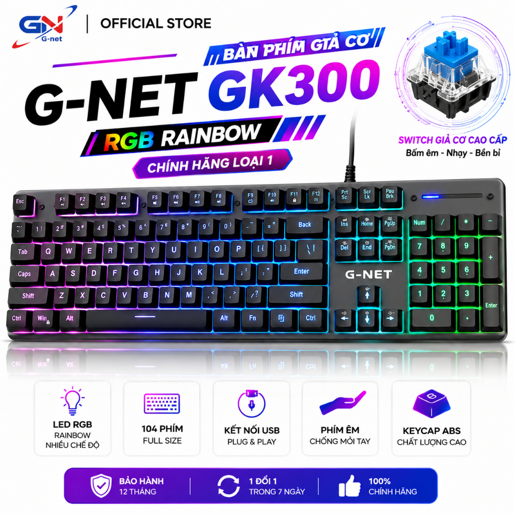 Thanh lý bàn phím giả cơ G-Net GK300 RGB chính hãng loại 1, Fullsize 104 phím, LED RGB 14 chế độ, An