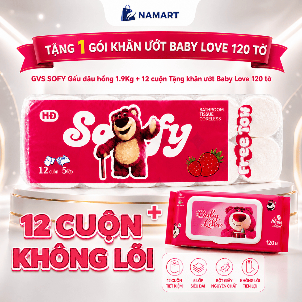 [+Quà 0đ ]Giấy Vệ Sinh SOFY HỒNG gấu dâu dày 4 lớp+Tặng gói khăn ướt 120 tờ, Giấy Lụa mềm mịn - Nama