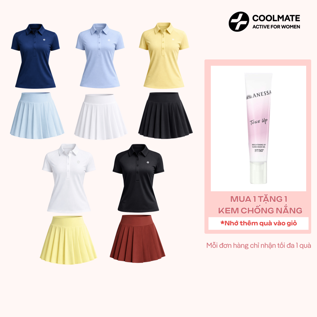 [TẶNG KCN ANESSA] Set Đồ Thể thao Coolmate nữ tập Pickleball Cầu lông Tennis Áo polo & Chân váy xếp 