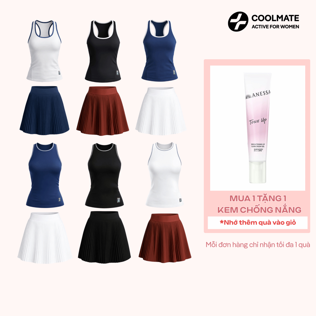 [TẶNG KCN ANESSA] Set Đồ Thể thao Coolmate nữ tập Pickleball cầu lông tennis Áo Tanktop & Váy xếp ly