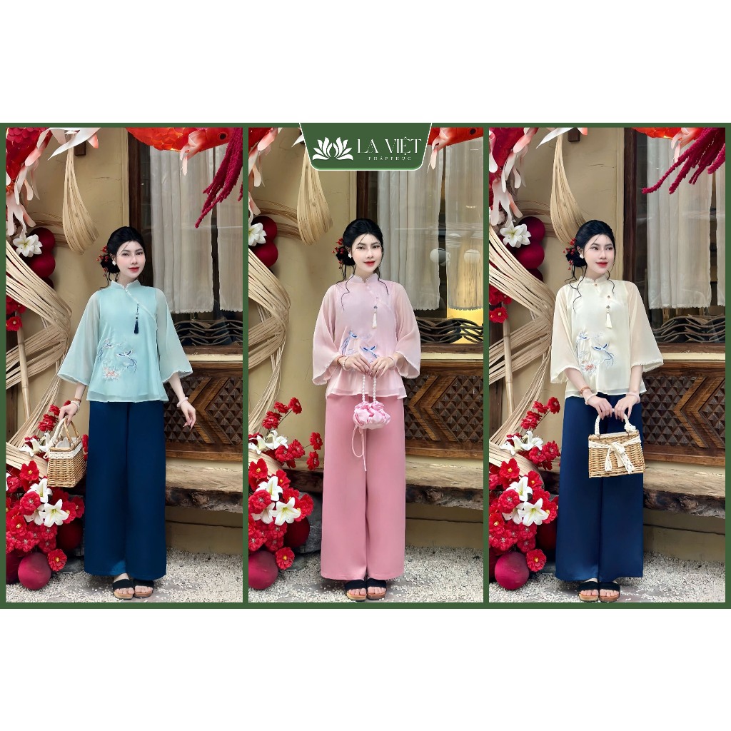 Pháp Phục Nữ Chất Liệu Voan Tơ 2 Lớp Thêu Chim Hạc Tặng Kèm Charm Tinh Tế Tiểu Thư - LA VIỆT LV8
