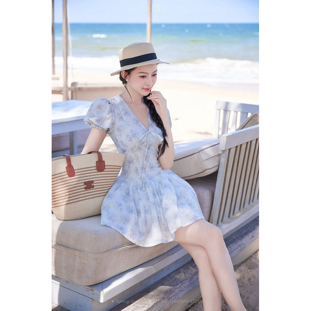 MEIMEI STUDIO Váy Cổ Tim Thêu Hoa Dáng Xoè