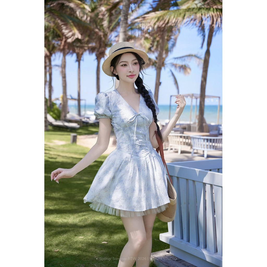 MEIMEI STUDIO Váy Cổ Tim Thêu Hoa Dáng Xoè