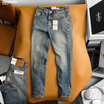 Quần jean nam HEBOZ dáng slim trơn D34, quần dài denim cotton co giãn - 00003256