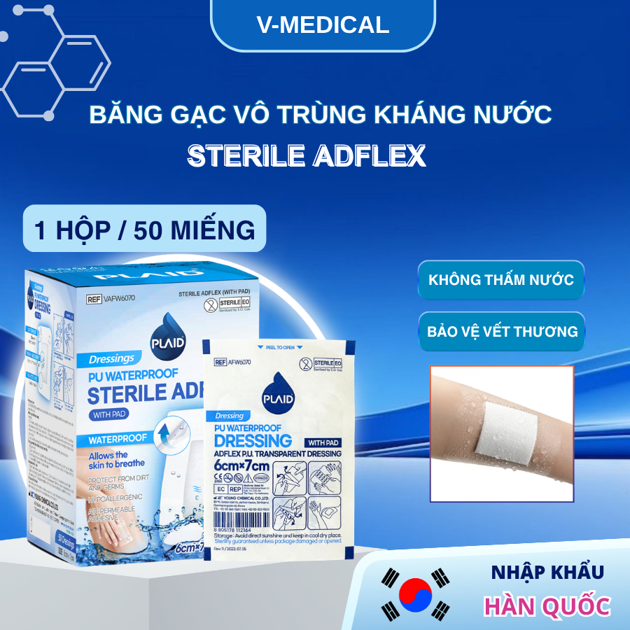 Combo 50 Băng gạc vô trùng không thấm nước Sterile Adflex bảo vệ vết thương, tránh nước xâm nhập