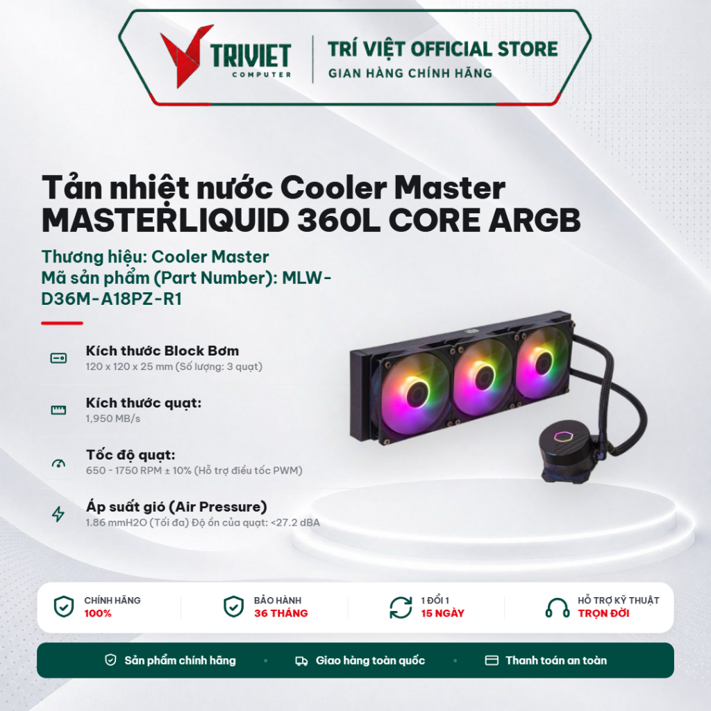 Tản Nhiệt Nước Cooler Master MasterLiquid 360L Core ARGB 360mm AIO Hỗ Trợ Intel AMD