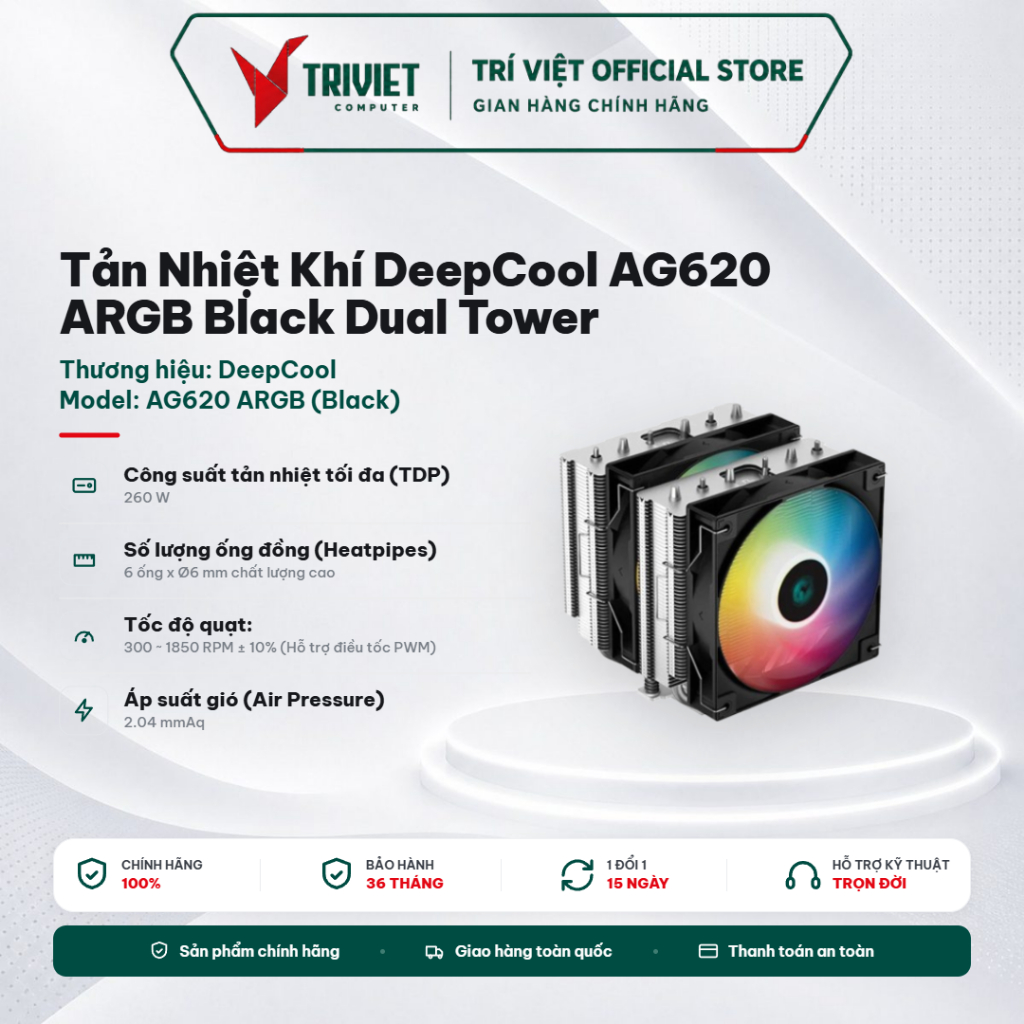 Tản Nhiệt Khí DeepCool AG620 ARGB Black Dual Tower 2 Fan 6 Ống Đồng Hỗ Trợ Intel AMD