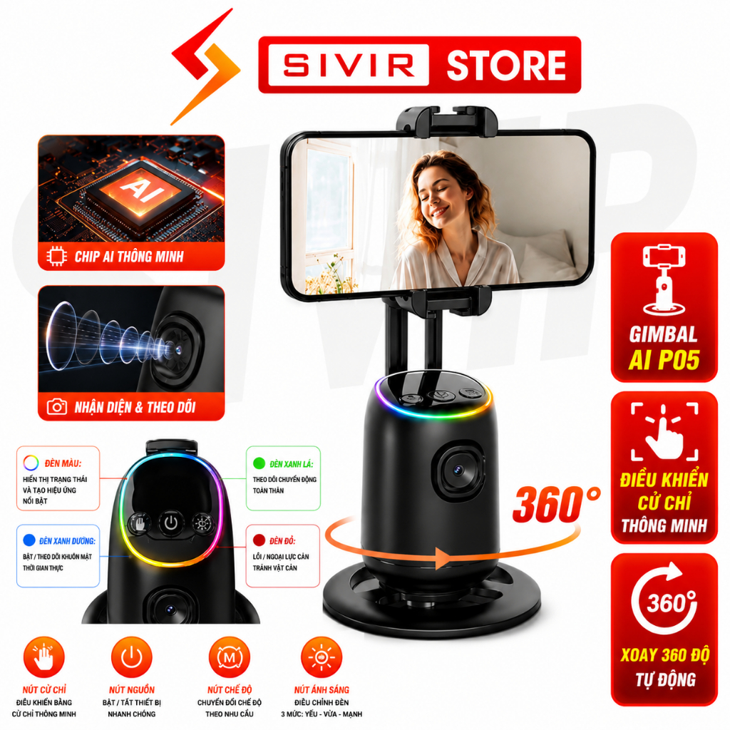 Gimbal SIVIR P05 , Q04, Q02 Nhận Diện AI Điều Khiển Cử Chỉ Thông Minh Xoay 360 Tự Động