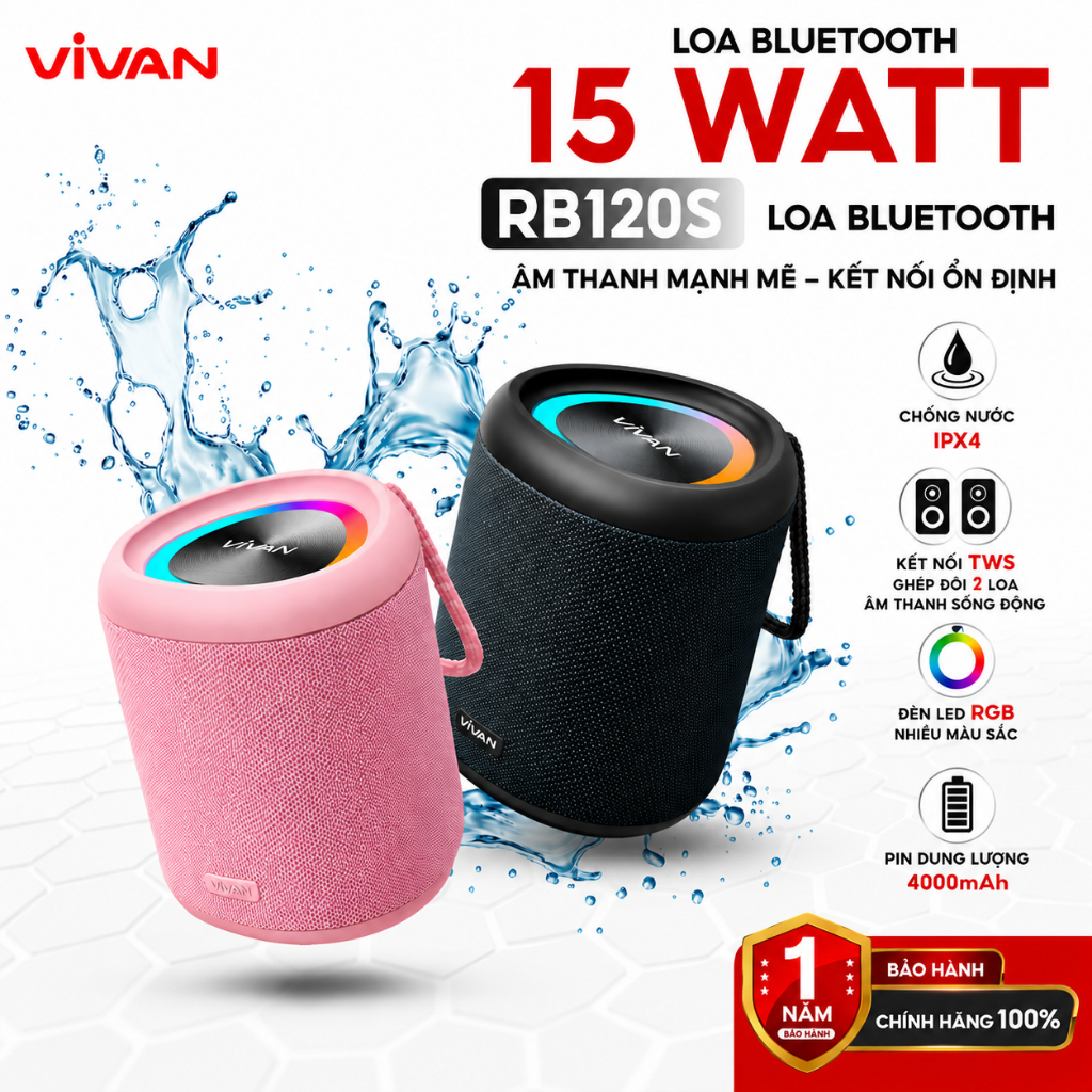 VIVAN Loa Bluetooth 15W Robot RB120S Kháng Nước IPX7 Đèn Led RGB Âm Bass Mạnh Mẽ Robot
