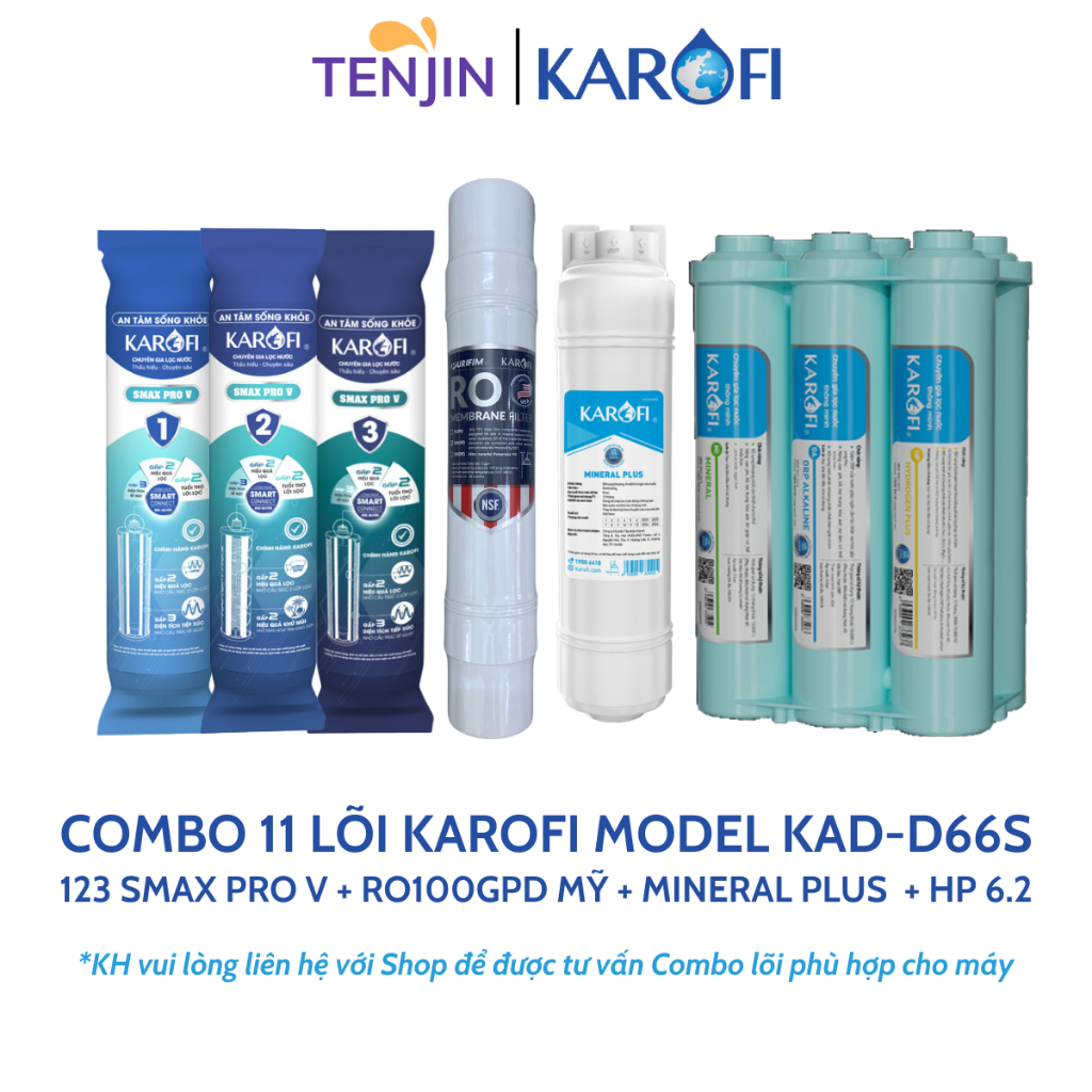 Combo 11 Lõi Lọc Karofi Model KAD-D66S,KAD-X56, X18, M68 L68 Smax Pro V Màng RO 100GPD Mỹ Lõi Minera