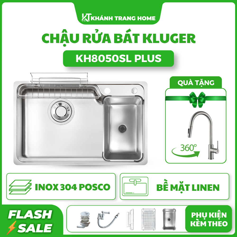 Chậu rửa bát 1 hố Kluger KH8050SL Plus chính hãng tặng kèm Vòi rửa dây rút Kluger - Khánh Trang Home