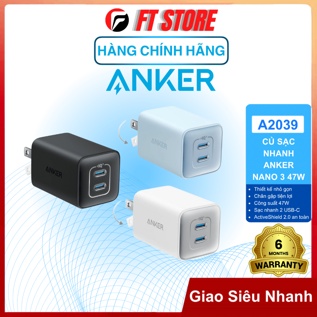 Củ Sạc Nhanh Anker 47W 2 USB-C A2039 (Nano 3) GaN II PD QC 3.0 PPS 2.0, Nhỏ Gọn Chân Gập - Nobox