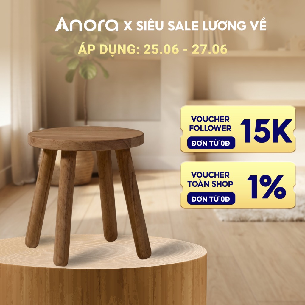Ghế Đẩu Tròn ANORA HOME Ø24 Gỗ Walnut -Ghế Đa Năng Bền Đẹp, Ghế Thay Giày, Ghế Cafe