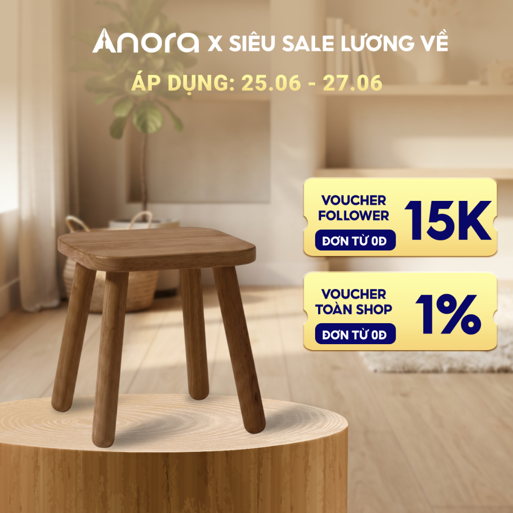 Ghế Gỗ Vuông ANORA HOME màu óc chó - Ghế Gỗ Tự Nhiên Ngồi Ban Công, Decor Phòng Khách Hiện Đại