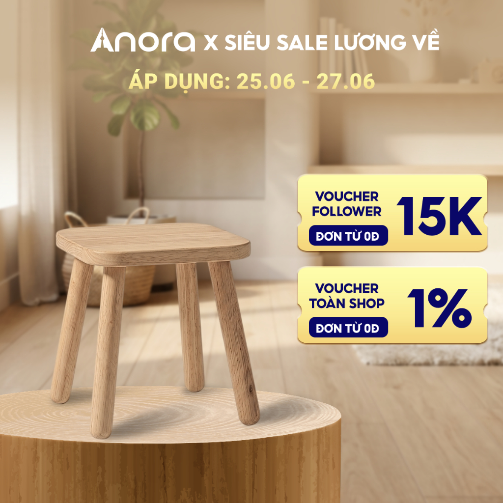 Ghế đẩu gỗ vuông Anora Home Màu Gỗ Teak - Nhỏ gọn decor phòng khách, bền đẹp, chịu lực tốt