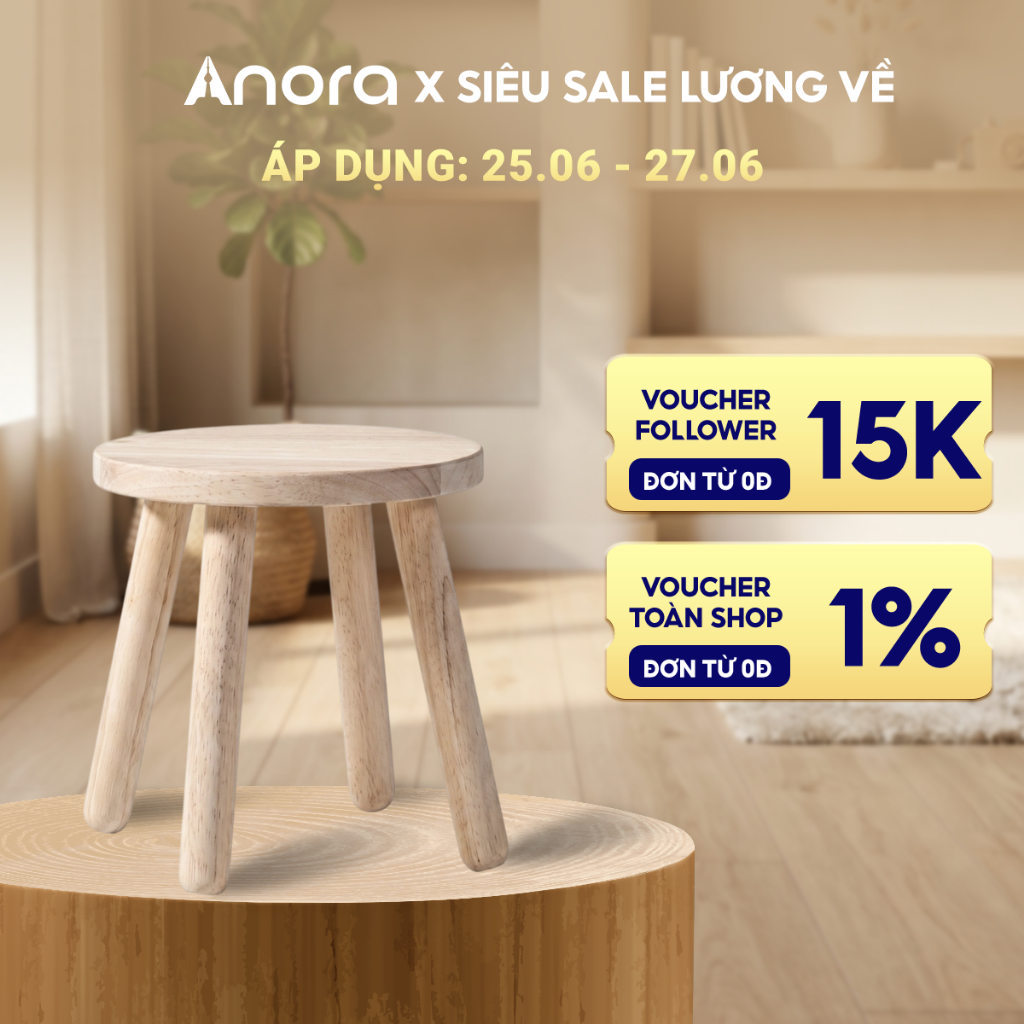 ANORA HOME Ghế Đẩu Tròn Ø24 Gỗ Tự Nhiên - Ghế Đa Năng Bền Đẹp, Ghế Thay Giày, Ghế Cafe Minimalism