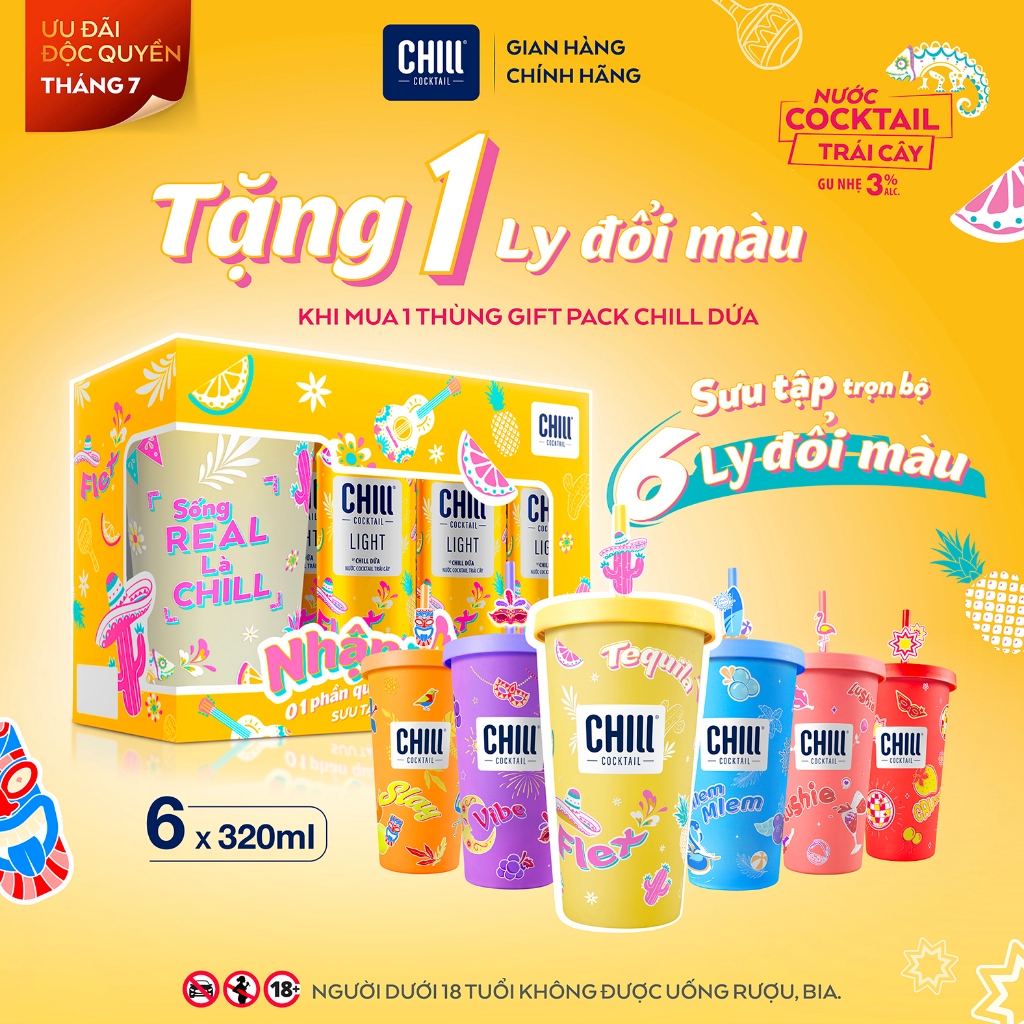 Thùng 6 Lon CHILL DỨA 320ml Tặng Ly Đổi Màu Ngẫu Nhiên, Nước Cocktail Trái Cây Gu Nhẹ 3% Ít Cồn - CH