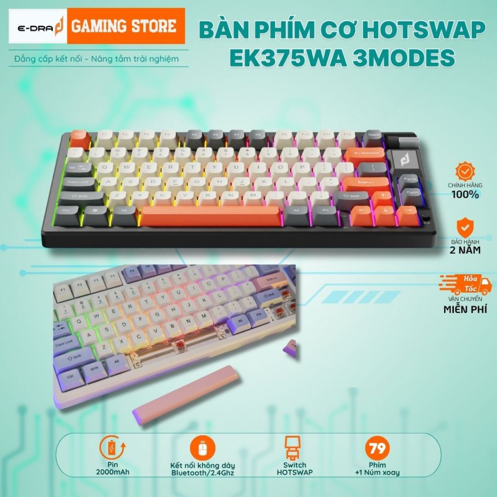 Bàn phím cơ gaming Hotswap EK375WA 3modes đa thiết bị,LED rainbow BH chính hãng Edra | BigBuy360 - bigbuy360.vn