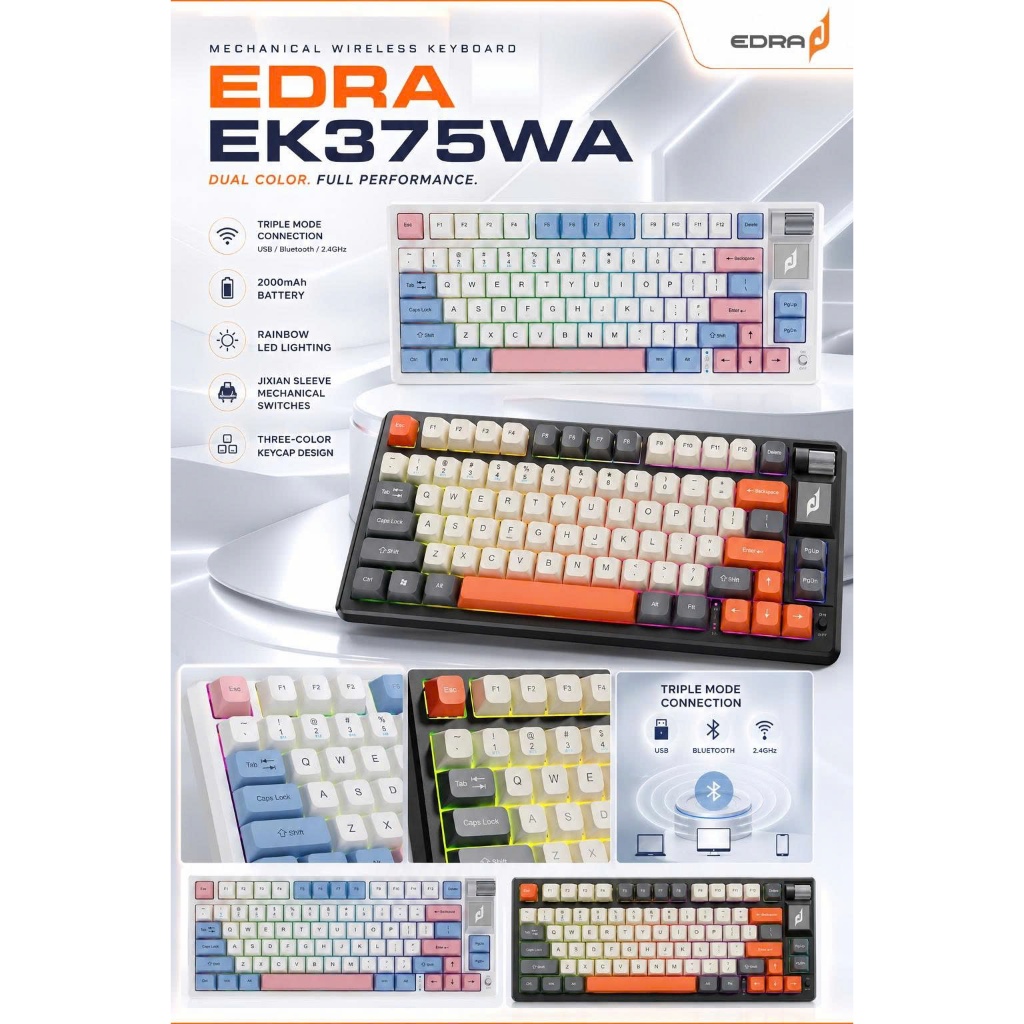 Bàn phím cơ gaming Hotswap EK375WA 3modes đa thiết bị,LED rainbow BH chính hãng Edra | BigBuy360 - bigbuy360.vn