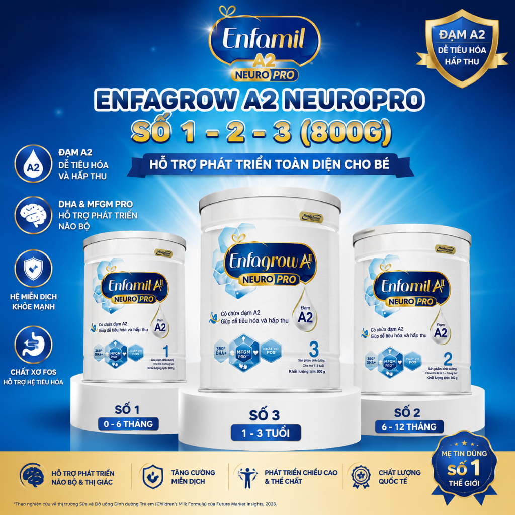 Sữa Enfamil A2 NeuroPro Số 1/2/3 800g Nhập Khẩu Mỹ – Đạm A2 Dễ Tiêu Hóa, Hỗ Trợ Phát Triển Não Bộ Và