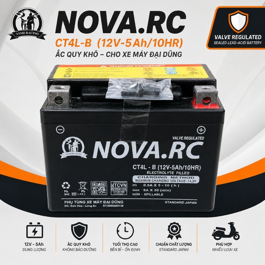 Ắc Quy NOVA RC CT4L-B 12V-5Ah – Bình Ắc Quy Khô Chính Hãng
