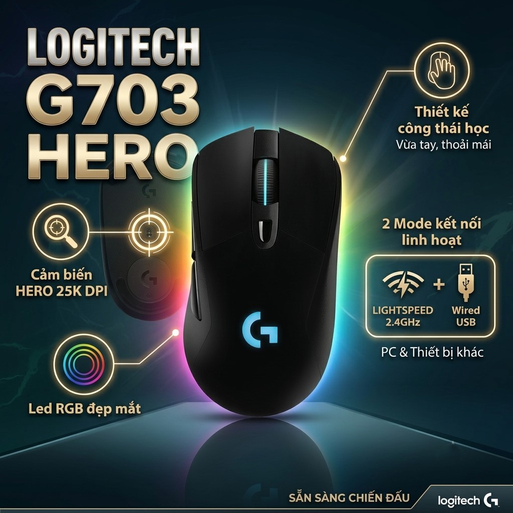 Chuột Gaming Không Dây Logitech G703 HERO - LIGHTSPEED 25K DPI, Công Thái Học